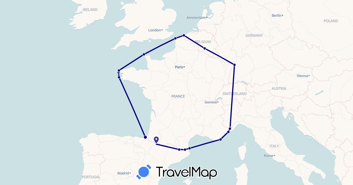 TravelMap itinerary: driving in Belgium, Spain, France, Italy (Europe)